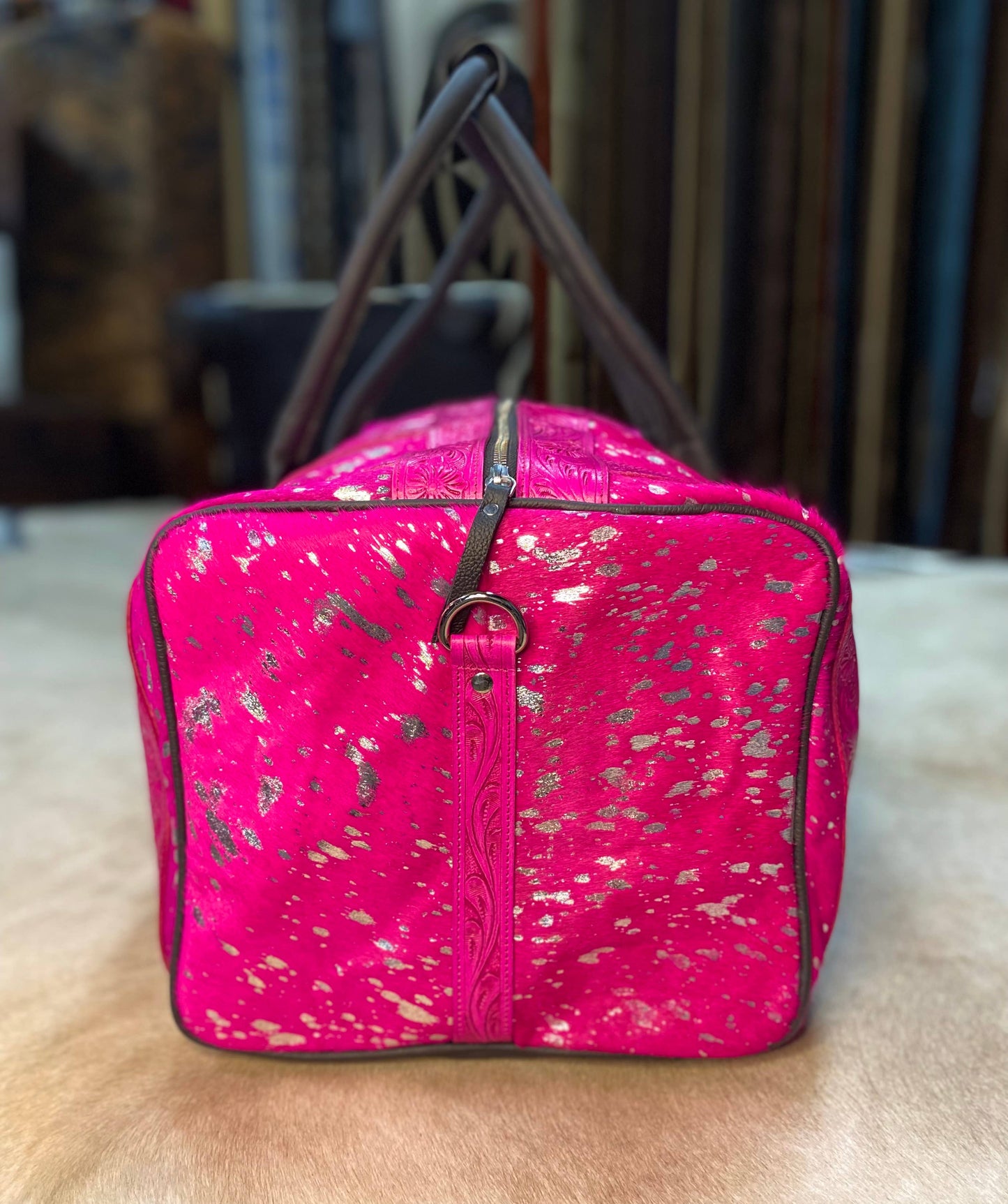 Hot Pink Cowhide Tooled Duffle Bag