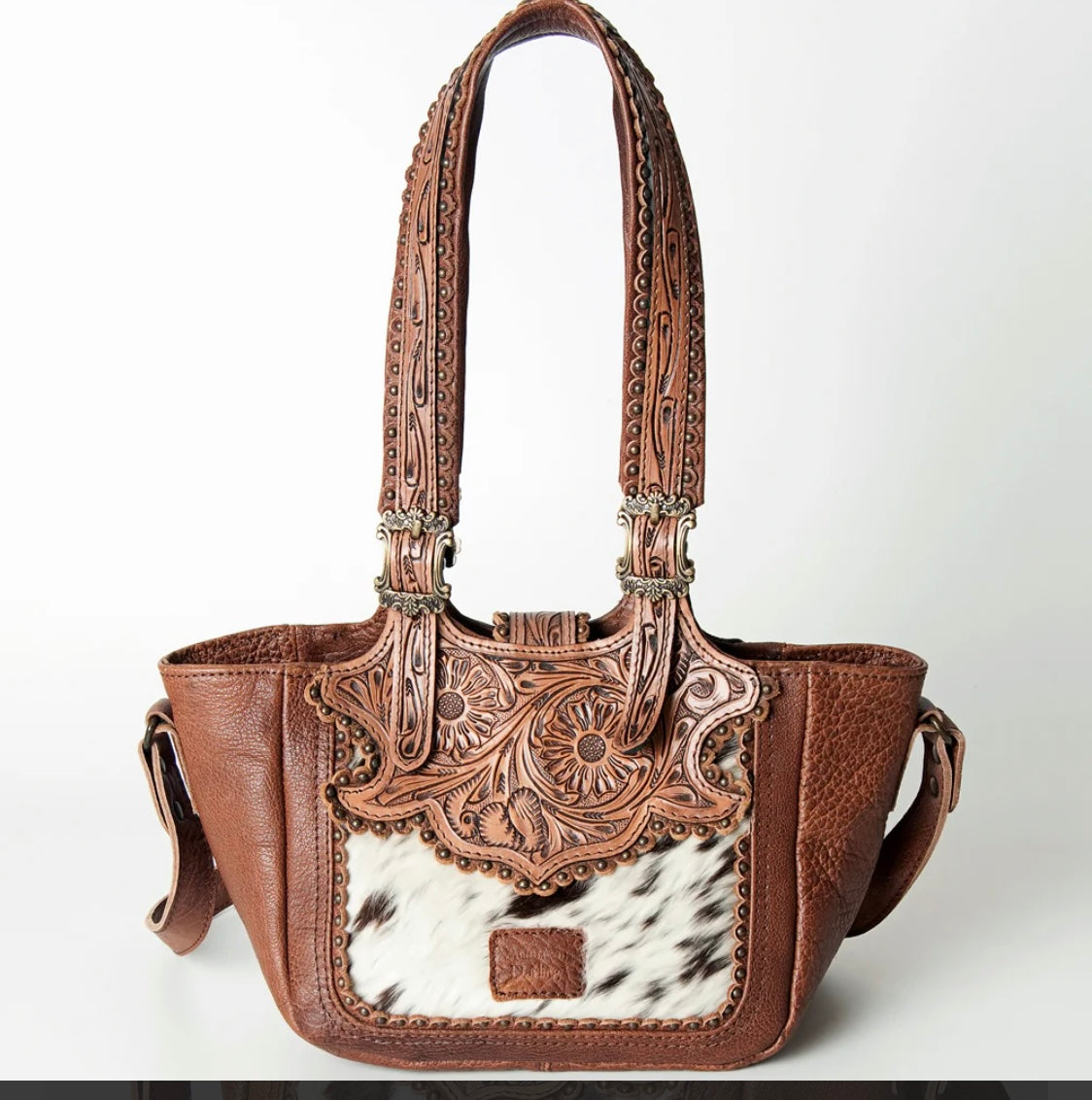 Cowhide and Tooled Leather Western women’s tote bag with turquoise stone