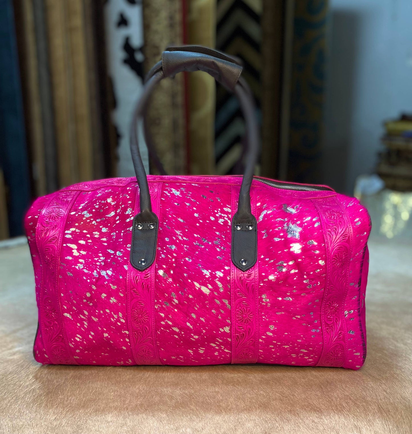 Hot Pink Cowhide Tooled Duffle Bag