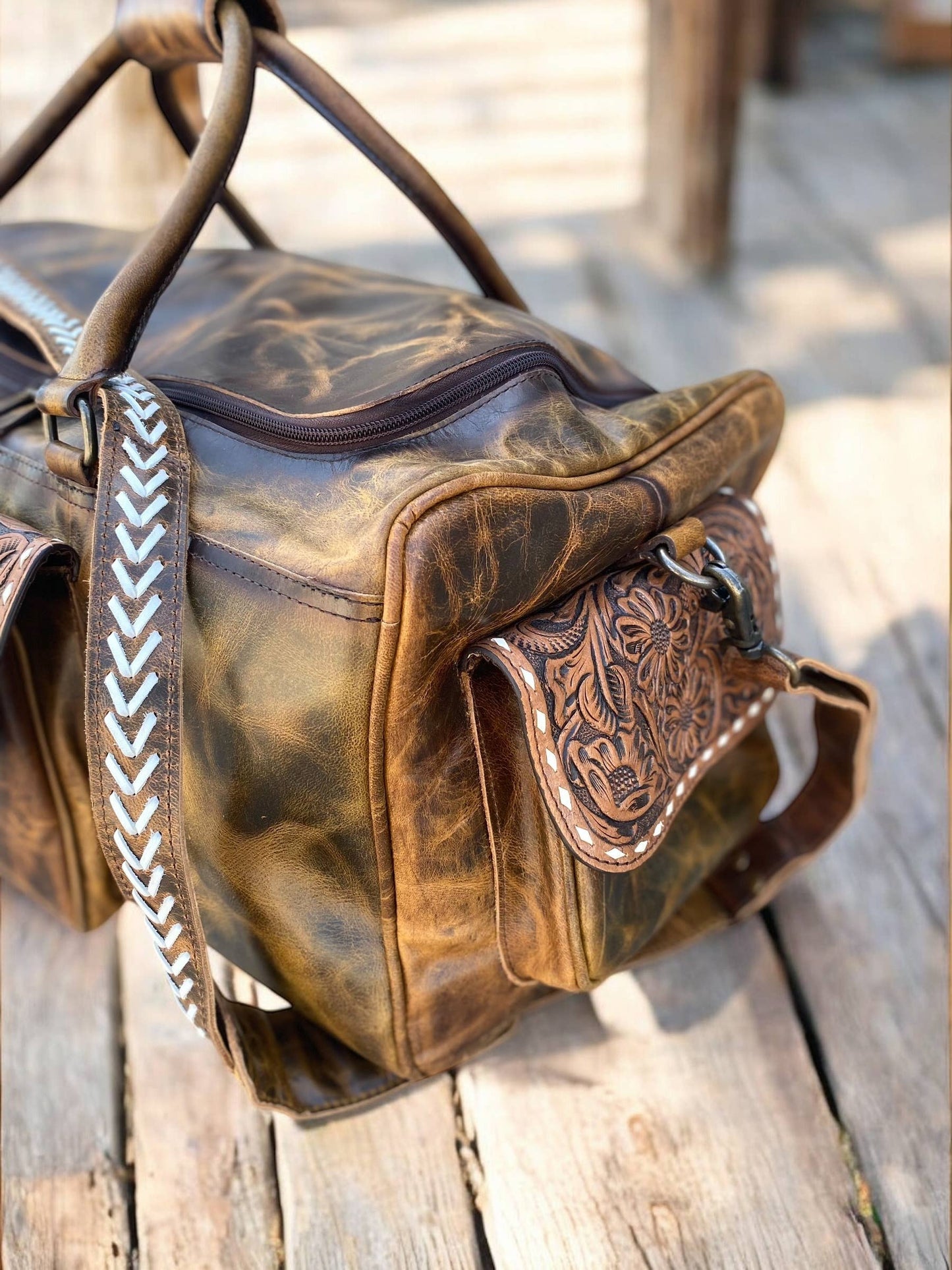 Brown Rustic Tooled Leather Duffle Bag