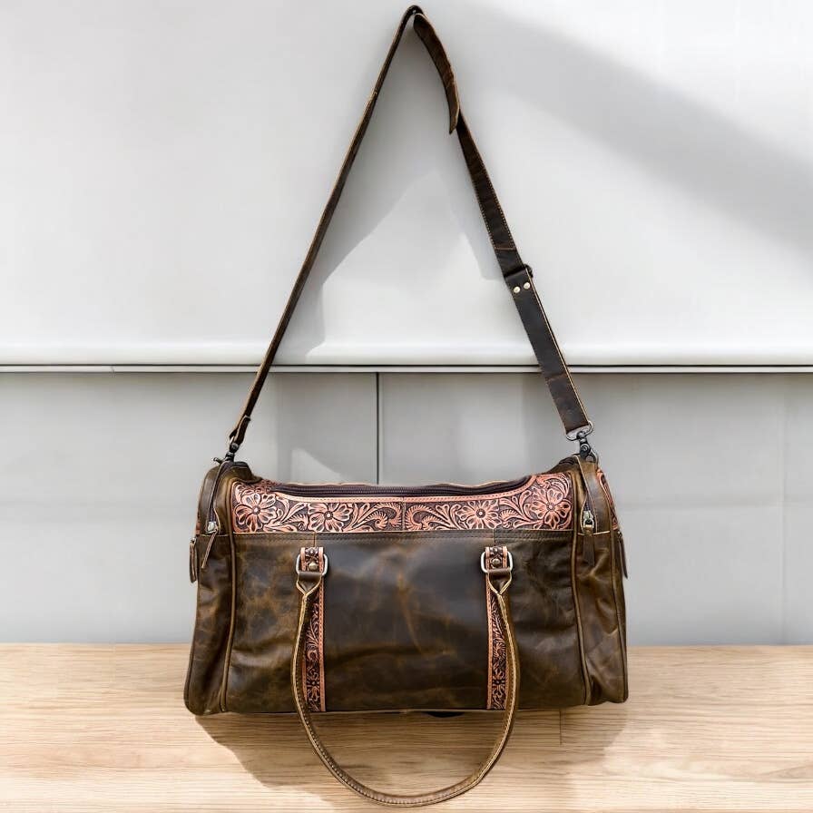 Brown Hand tooled leather duffle bag