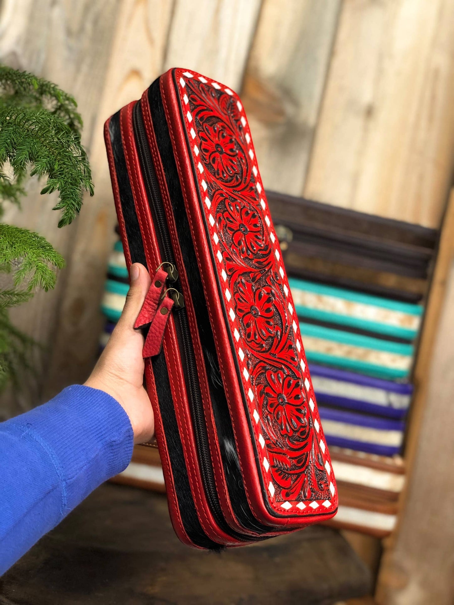 Red Tooled Leather & Cowhide Iron Case
