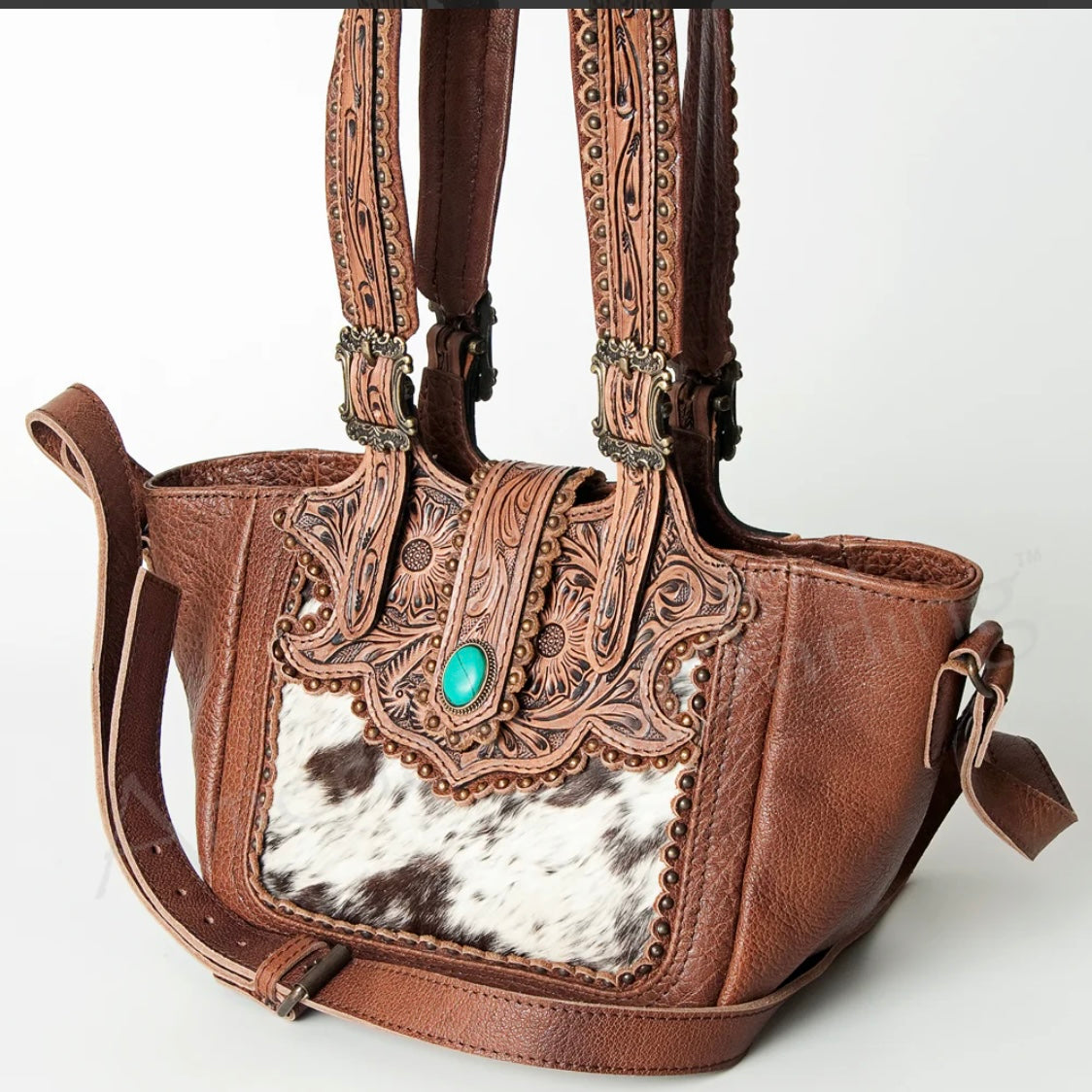 Cowhide and Tooled Leather Western women’s tote bag with turquoise stone