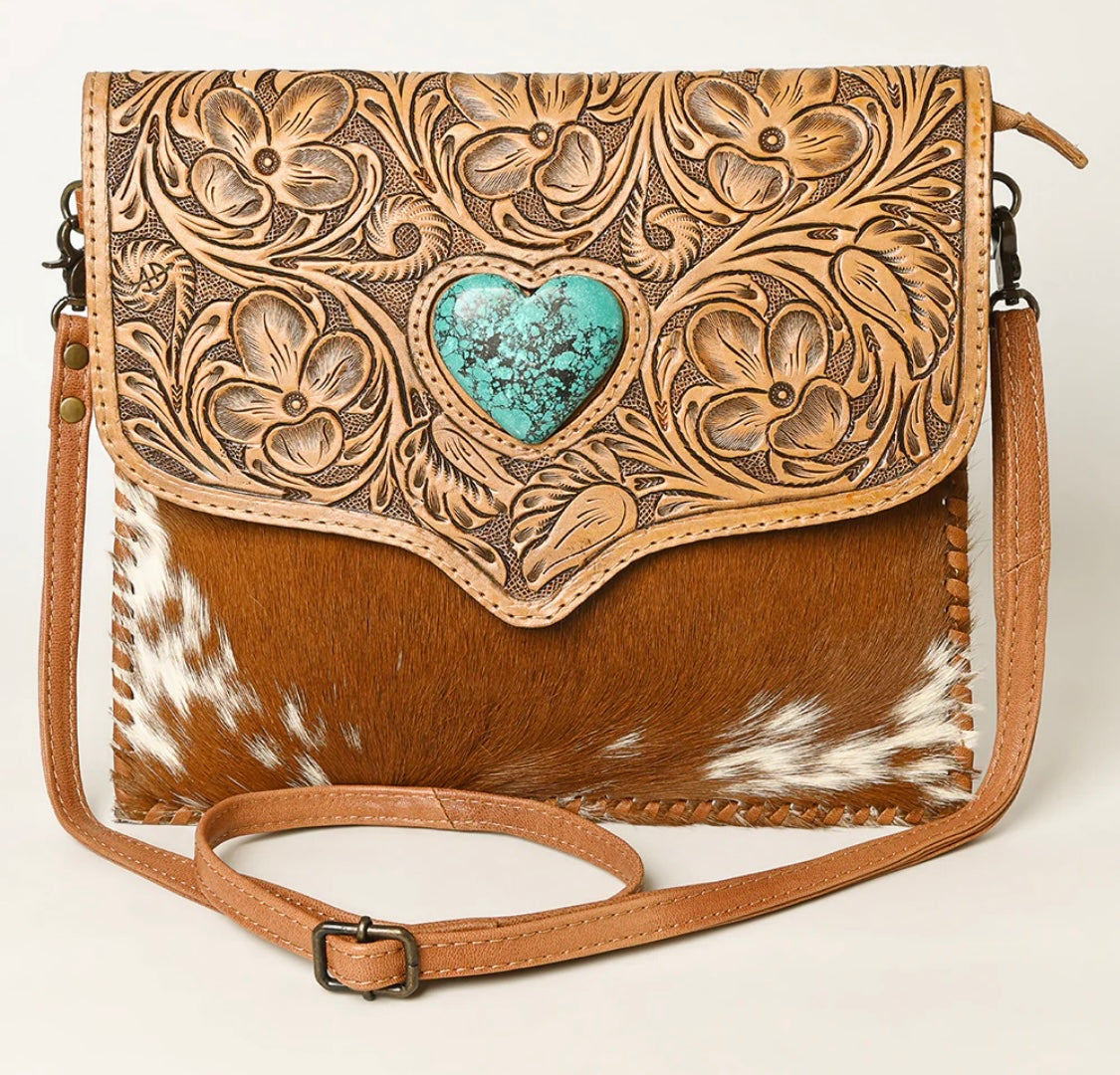 Genuine Western Leather Women Bag with heart stone