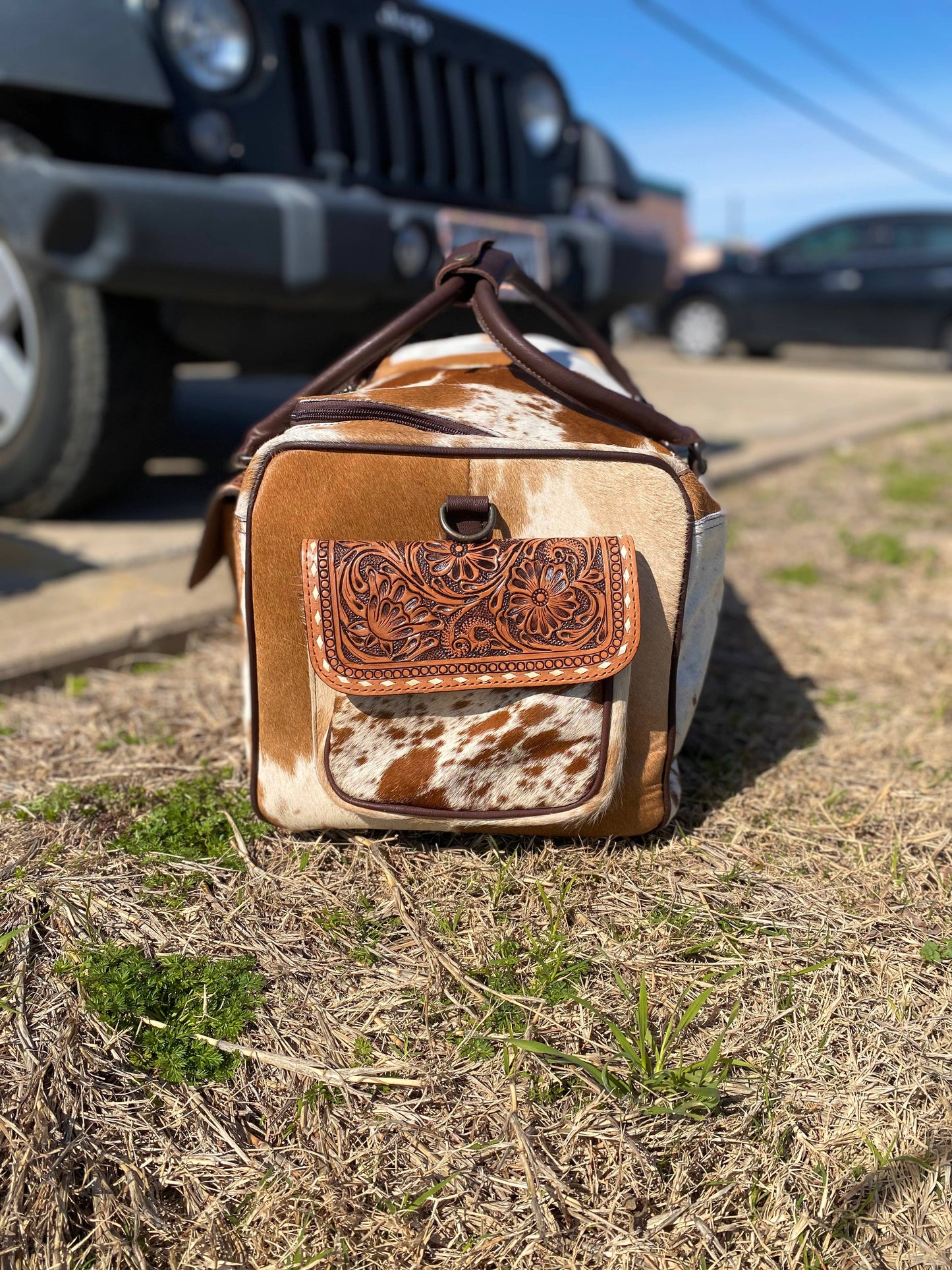 Brown Cowhide & Tooled Leather Duffle Bag