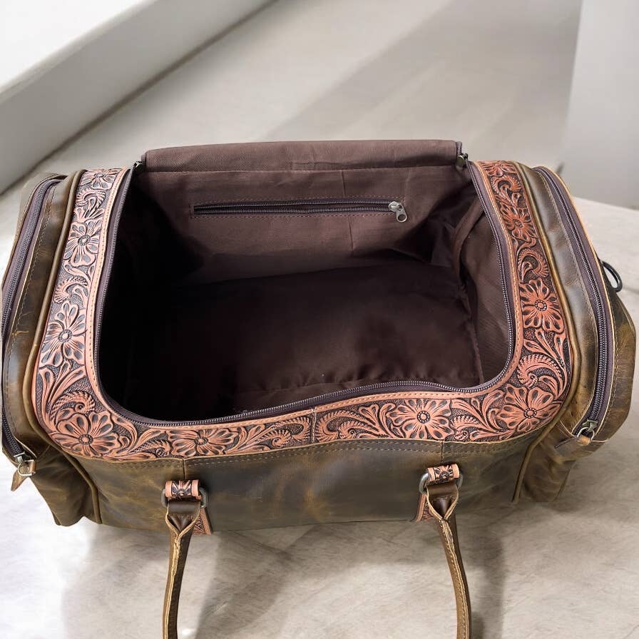 Brown Hand tooled leather duffle bag