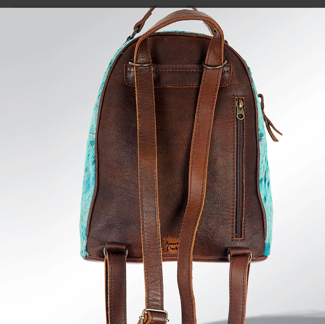 Blue Acid Wash Cowhide Leather Backpack with Concealed Carry