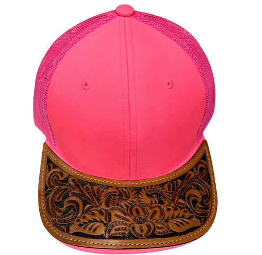 Hot Pink Tooled Leather Hat Cap