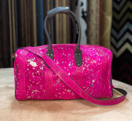 Hot Pink Cowhide Tooled Duffle Bag