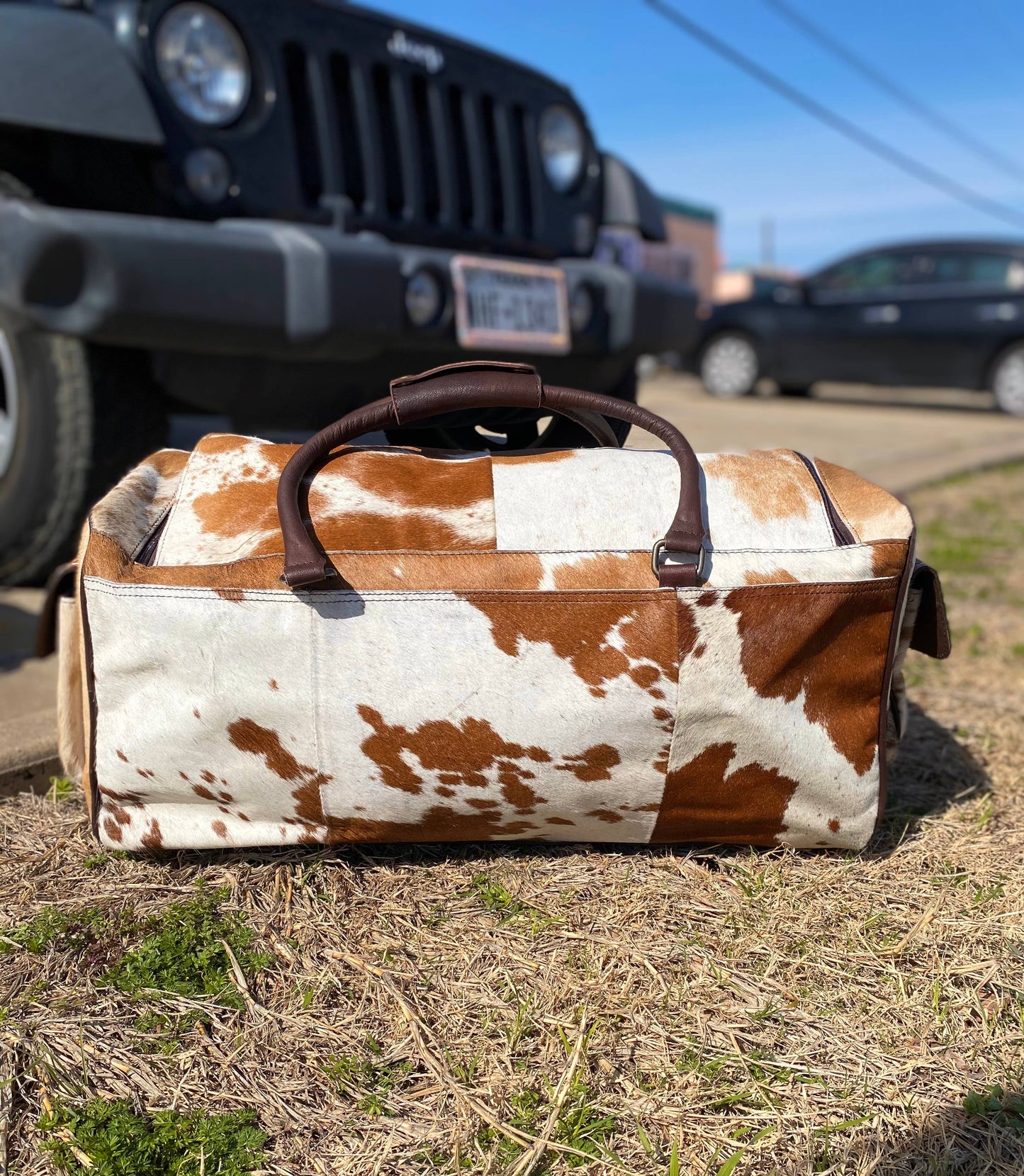 Brown Cowhide & Tooled Leather Duffle Bag