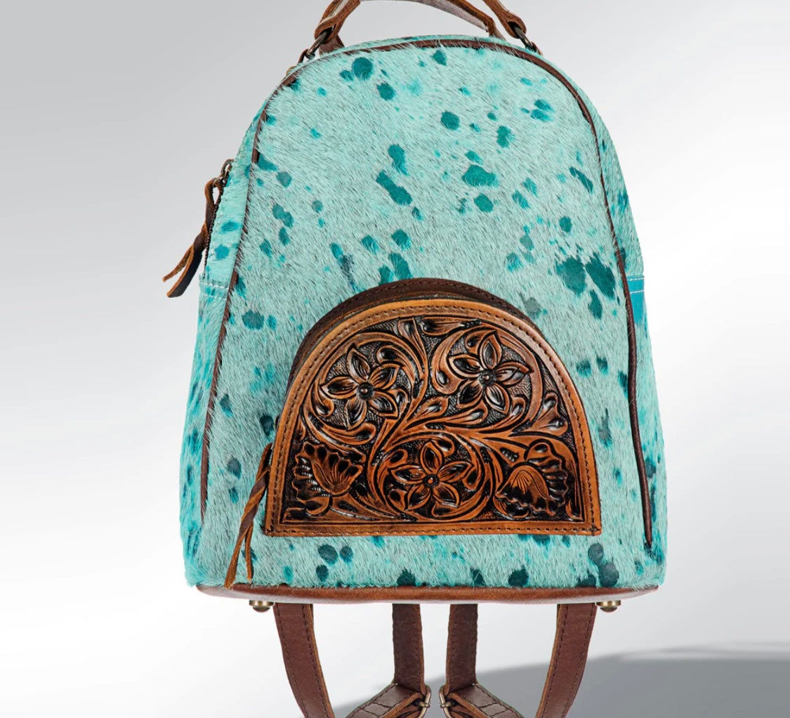 Blue Acid Wash Cowhide Leather Backpack with Concealed Carry