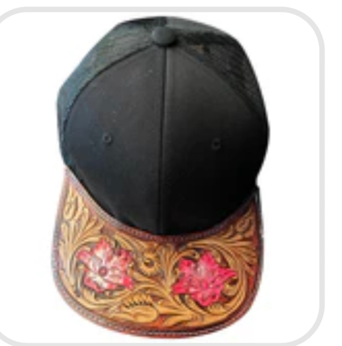 Black Tooled Leather Hat with Pink Flowers
