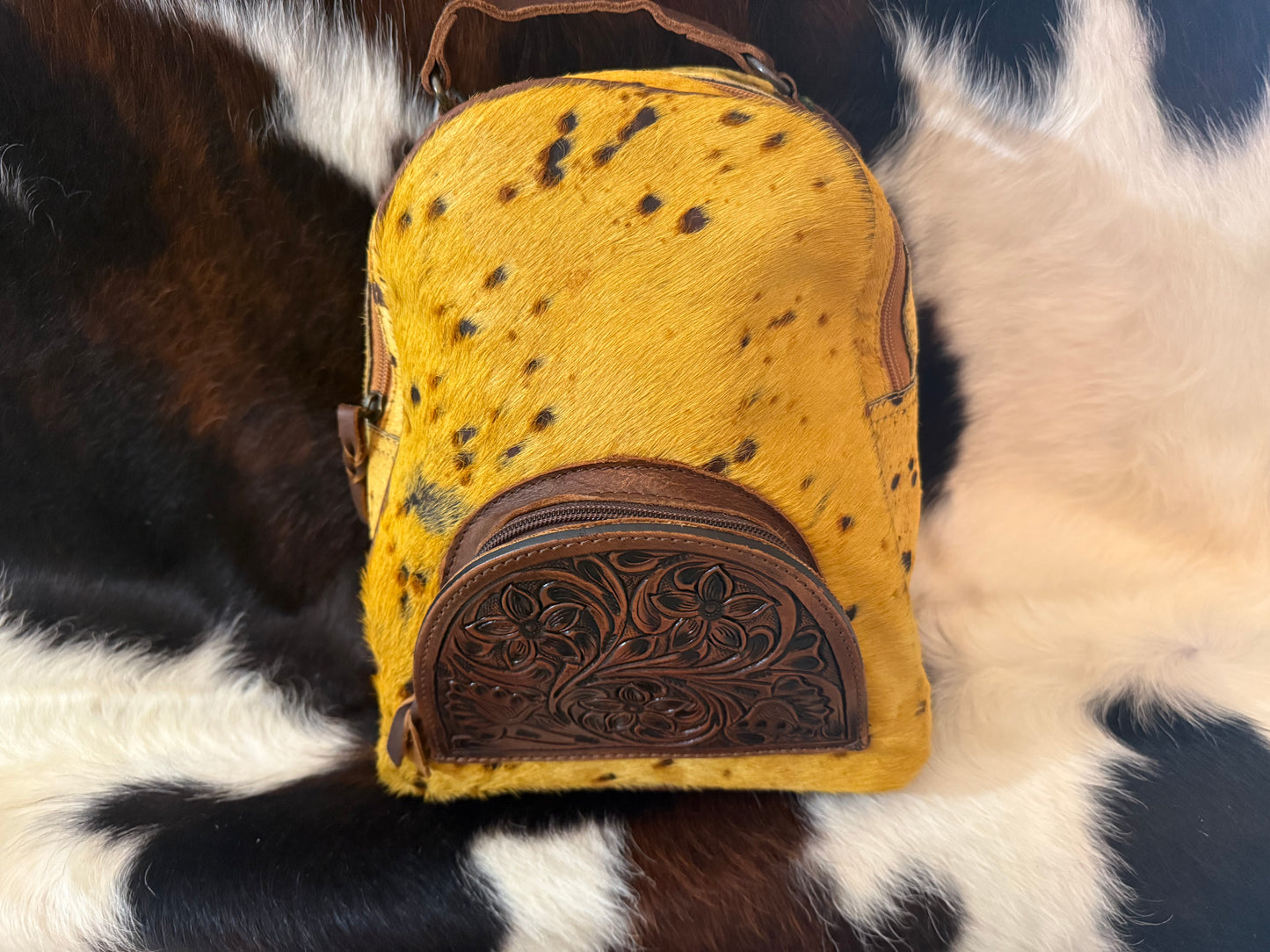 Yellow cowhide leather backpack