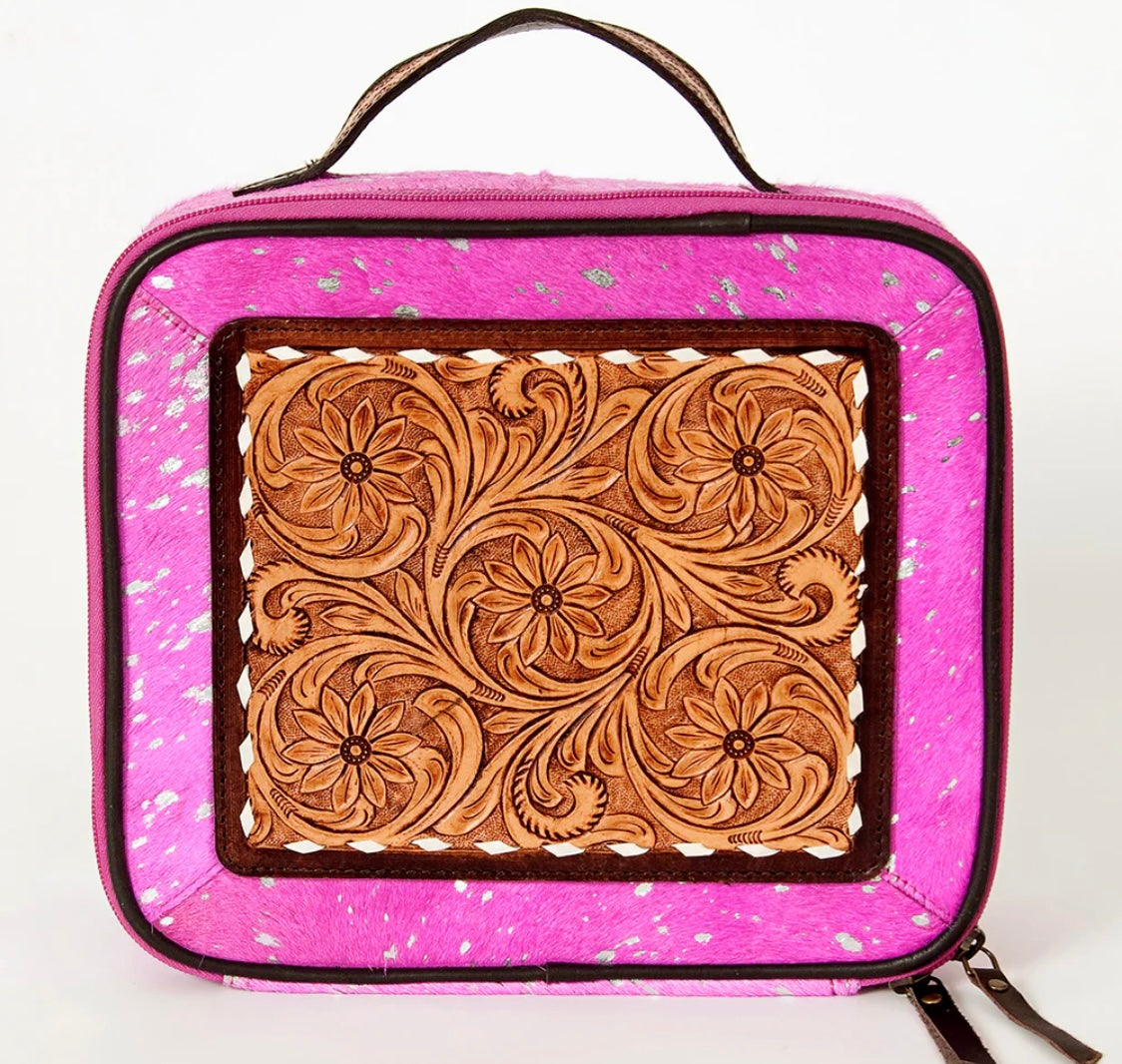 Cowhide Jewelry Box Case Pink Acid Wash