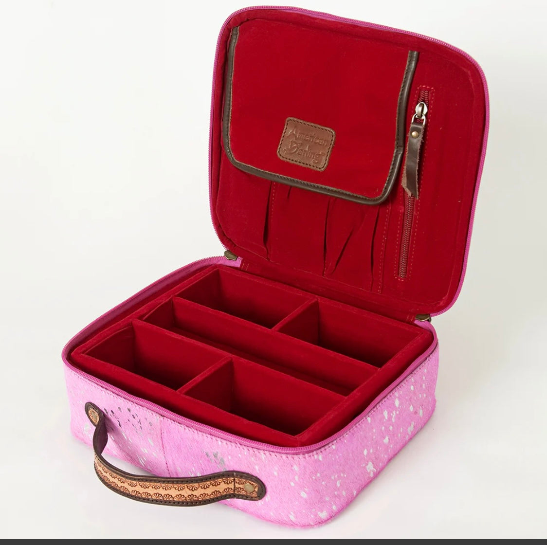 Cowhide Jewelry Box Case Pink Acid Wash