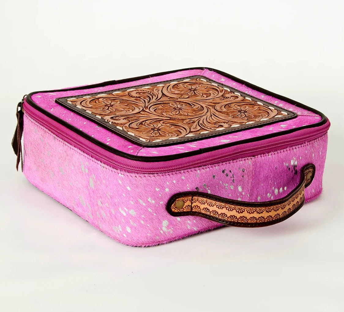 Cowhide Jewelry Box Case Pink Acid Wash