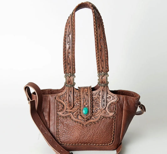 Western Leather Women’s Tote Bag with Turquoise Stone Detail
