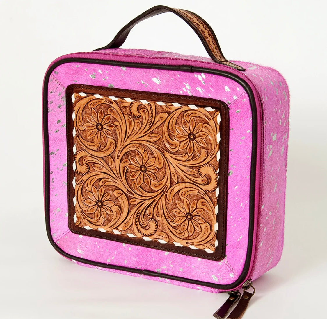 Cowhide Jewelry Box Case Pink Acid Wash