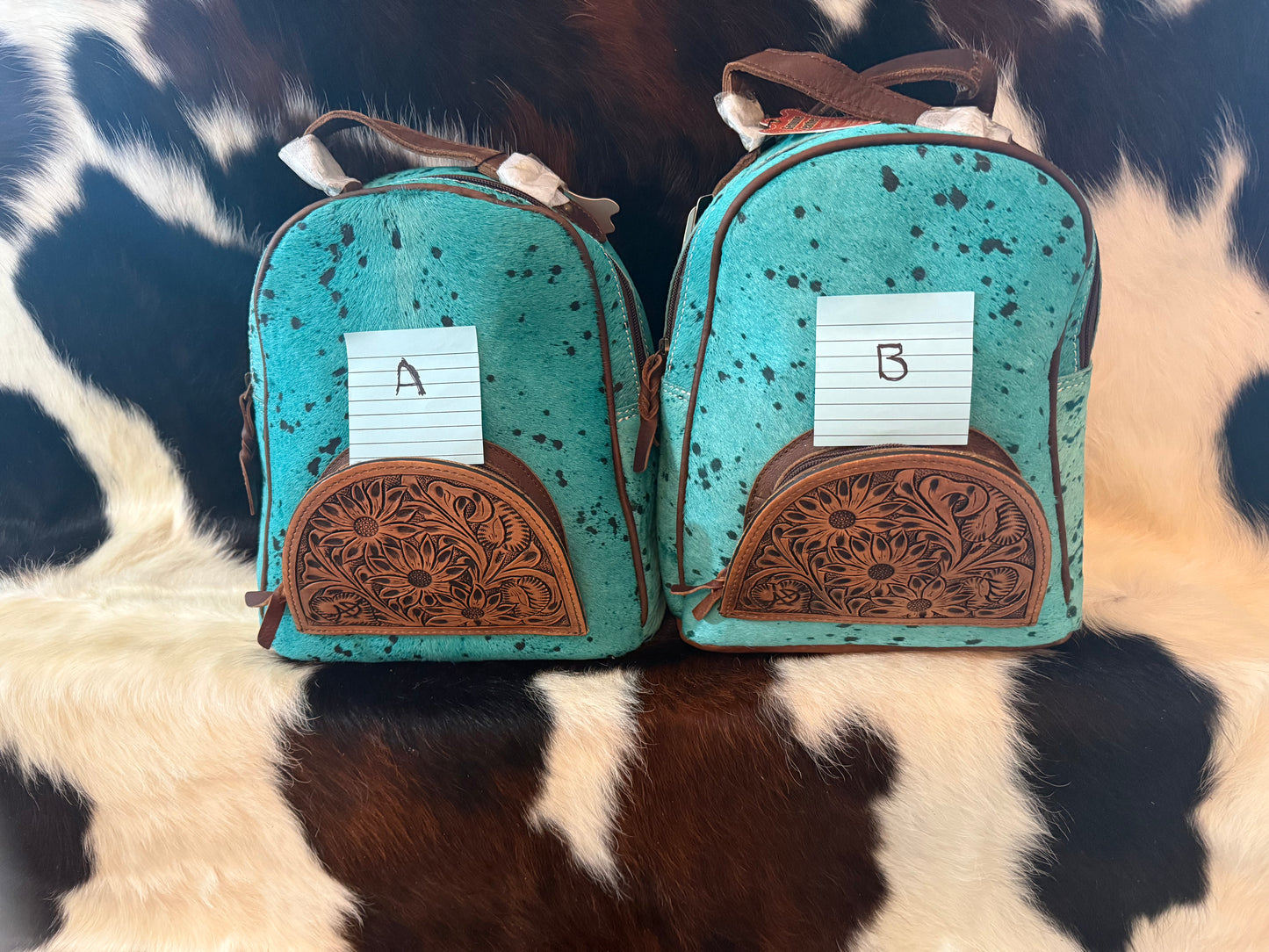 Blue Acid Wash Cowhide Leather Backpack with Concealed Carry