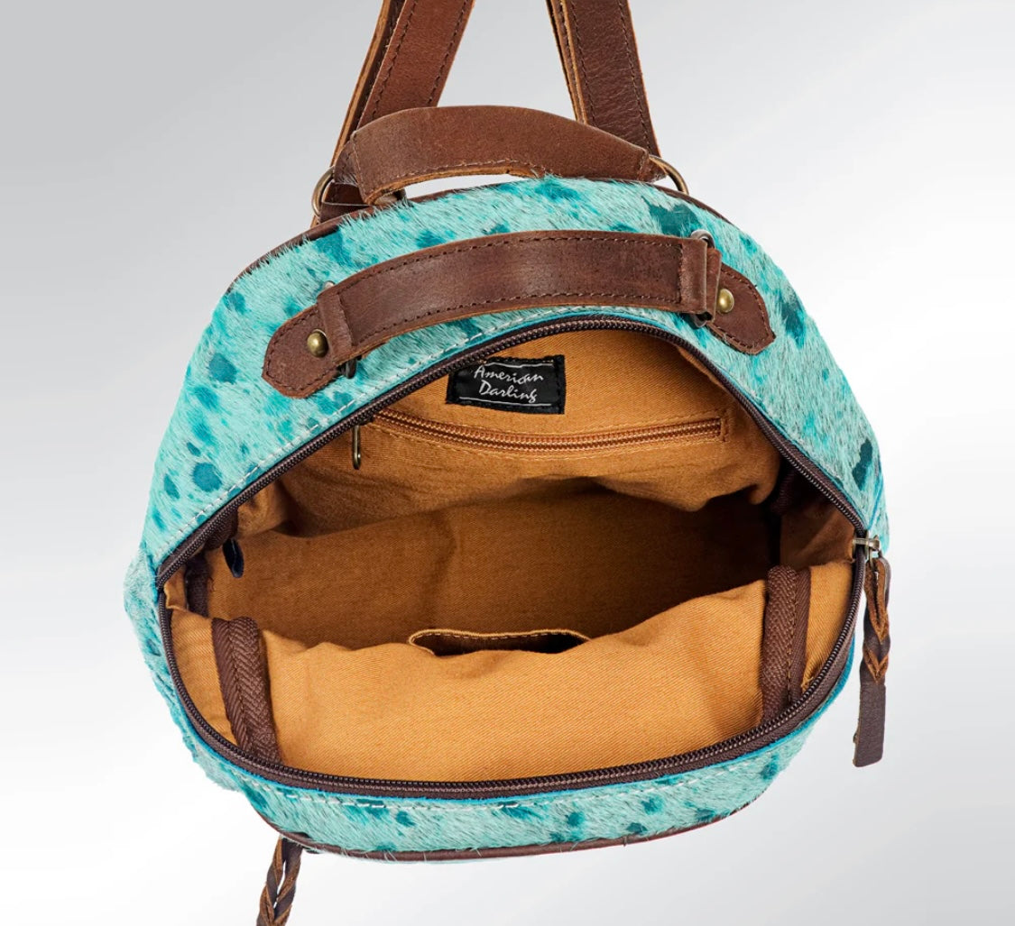 Blue Acid Wash Cowhide Leather Backpack with Concealed Carry