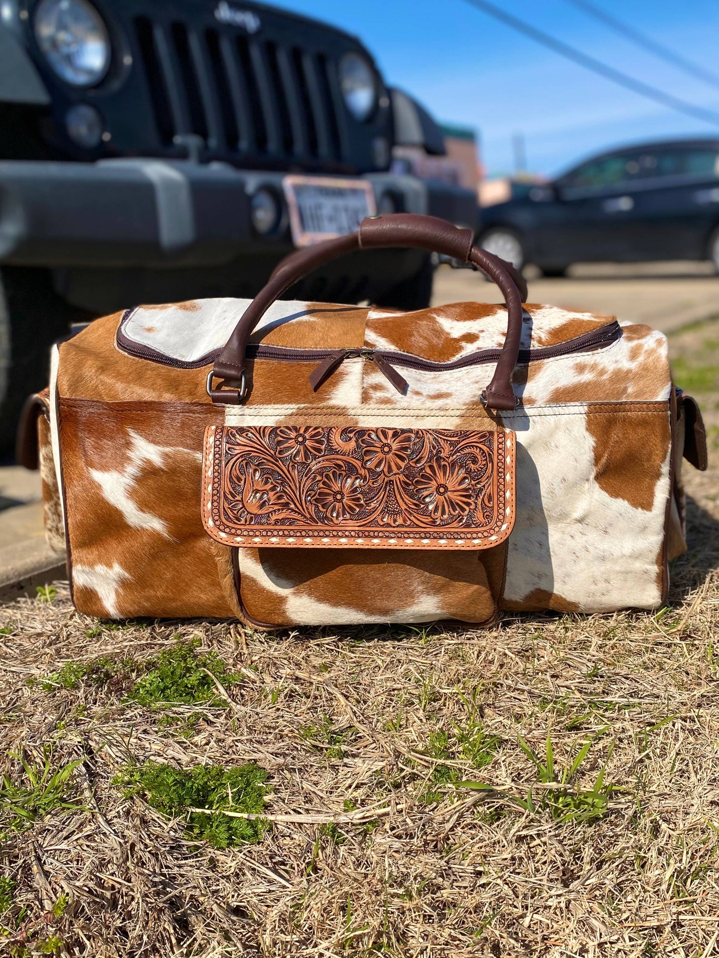 Brown Cowhide & Tooled Leather Duffle Bag