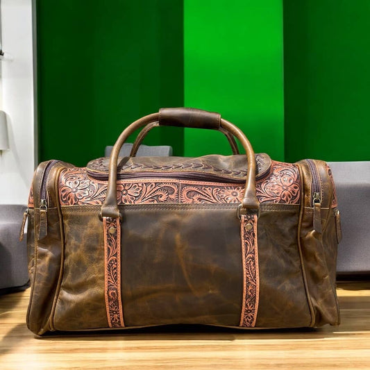 Brown Hand tooled leather duffle bag 