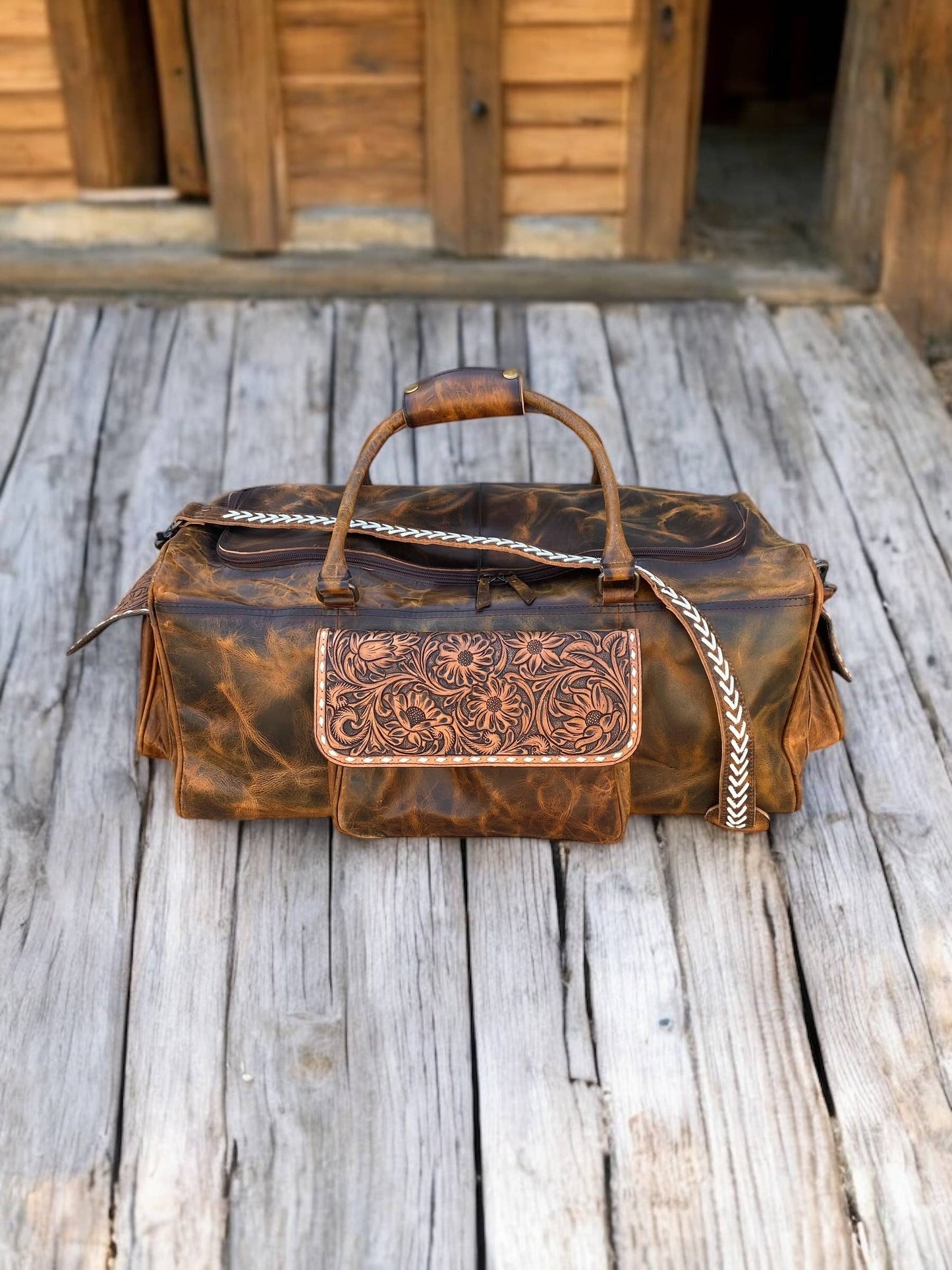 Brown Rustic Tooled Leather Duffle Bag