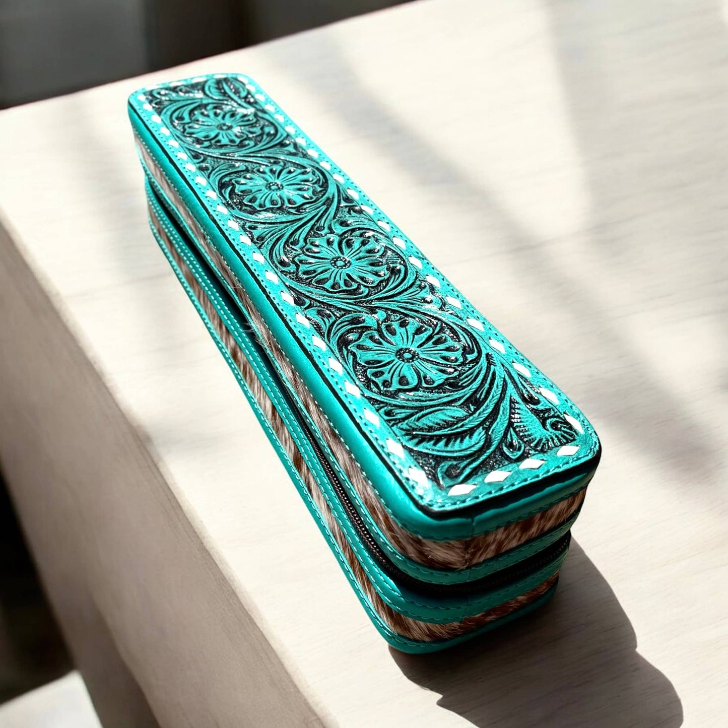 Turquoise tooled & cowhide leather iron case 